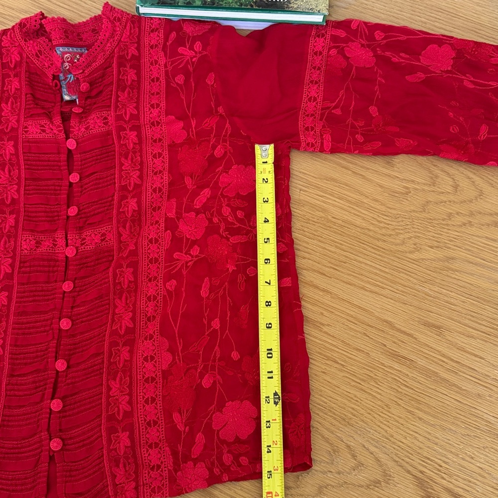 Johnny Was Red Embroidered Ruffle Front Blouse - Picture 10 of 11